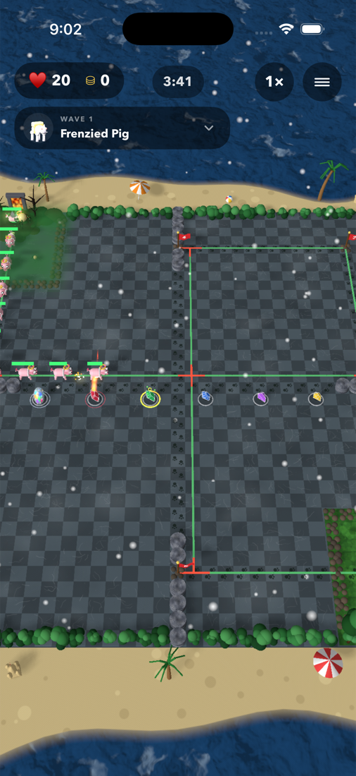 A wave of creeps winding through a gem maze under fire